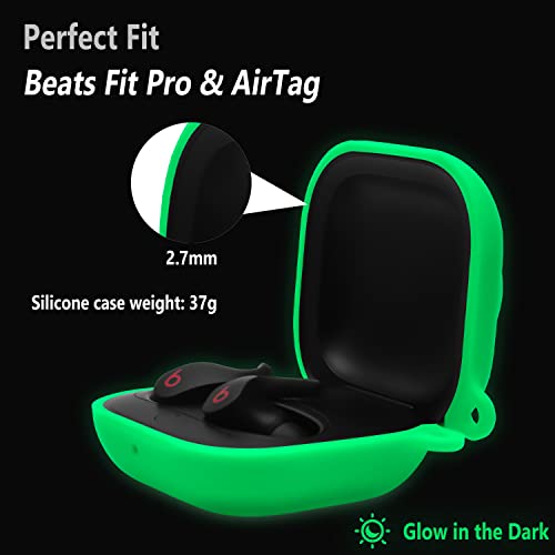 Geiomoo Silicone Case Compatible with Beats Fit Pro and Air Tag, 2 in 1 Protective Cover with Carabiner (Luminous Green)