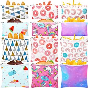 12 Pcs Reusable Snack Bags with Zipper Cute Sandwich Bags for Kids Safety Washable Reusable Pouches Double Layer Leakproof Food Storage Pouch, 2 Sizes