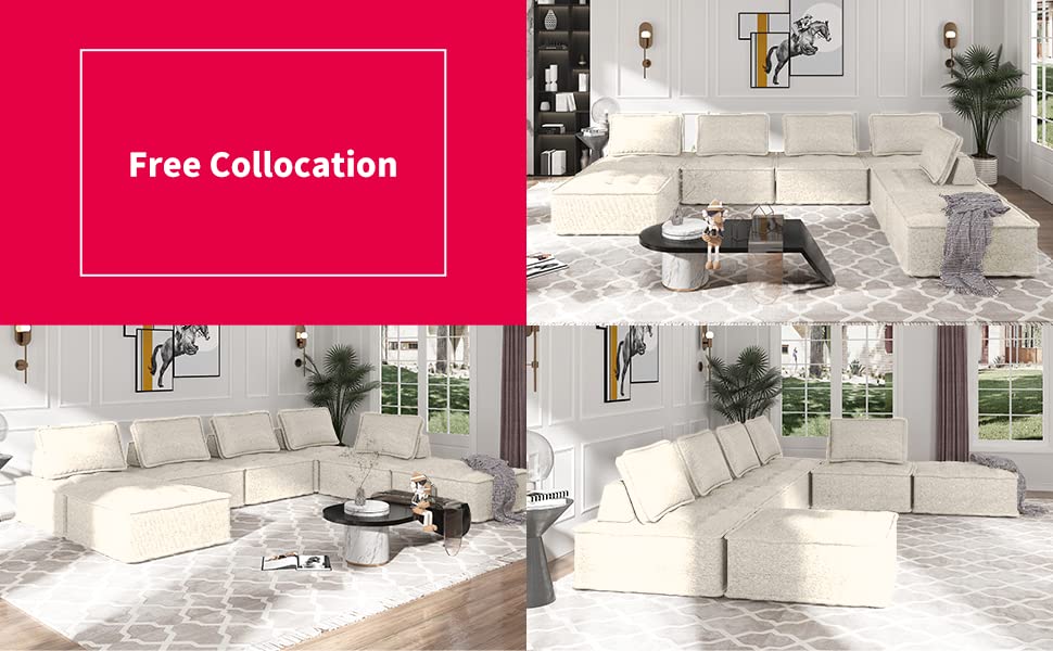 MUZZ Modular Convertible U/L Sectional Sofa, 7 Seater Sofa Couch with Soft Oversized Seat, Free Combination Armless Sectional Sofa for Living Room, Bedroom (Beige, 7PCS)