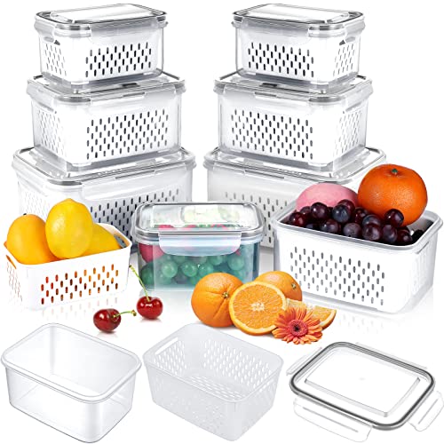 Potchen 6 Pieces Fruit Storage Containers for Fridge Produce Saver Containers with Drain Baskets Fridge Organizers with Airtight Lid Fruit Vegetable Storage Containers Organizer for Refrigerator