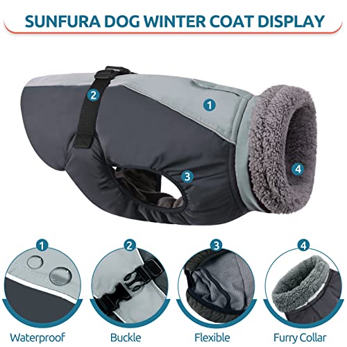 SUNFURA Dog Cold Weather Coat, Turtleneck Windproof Waterproof Dog Winter Jacket Outdoor Pet Vest with Warm Fleece Lined and Fur High Collar, Reflective Thick Dog Clothes for Small Medium Large Dogs