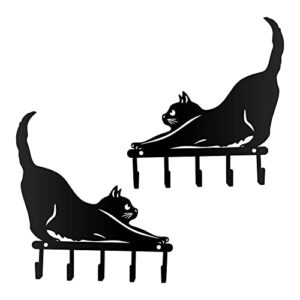 kobjoy 2pcs mini metal cat home décor, heavy duty wall hook, small key holder for wall, coat rack wall mount, bedroom hanging hat organizer, kitchen towel hook, black funny cat gifts for lovers