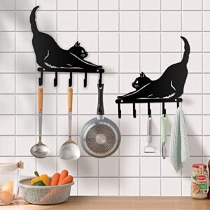 Kobjoy 2pcs Mini Metal Cat Home Décor, Heavy Duty Wall Hook, Small Key Holder for Wall, Coat Rack Wall Mount, Bedroom Hanging Hat Organizer, Kitchen Towel Hook, Black Funny Cat Gifts for Lovers