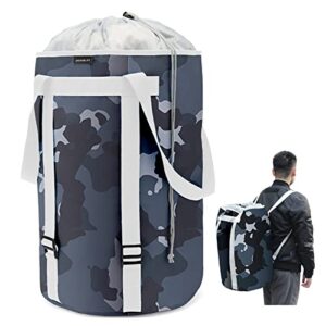laundry basket laundry hamper dirty clothes hamper collapsible foldable laundry bin bag backpack with handles and lid large tall water-proof polyester sturdy durable camouflage blue