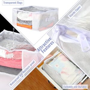 6 Pcs Clear Zippered Storage Bags Plastic Clothes Containers Fabric Blanket Organizer Large Storage Bins with Handles for Bedding Sheets Closet Blankets Toys (White, 16 x 12 x 8 Inch)