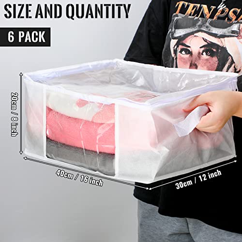 6 Pcs Clear Zippered Storage Bags Plastic Clothes Containers Fabric Blanket Organizer Large Storage Bins with Handles for Bedding Sheets Closet Blankets Toys (White, 16 x 12 x 8 Inch)