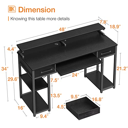 ODK Computer Desk, 48'' Office Desk with Keyboard Tray, Writting Desk with Drawers and Monitor Stand, Study Table with CPU Stand and Removable Shelf for Storage, Black