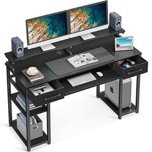 ODK Computer Desk, 48'' Office Desk with Keyboard Tray, Writting Desk with Drawers and Monitor Stand, Study Table with CPU Stand and Removable Shelf for Storage, Black