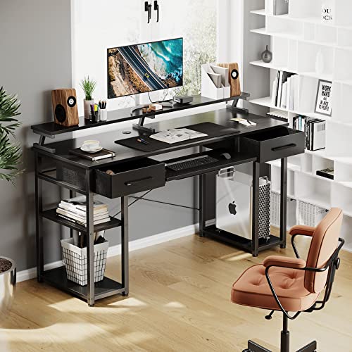 ODK Computer Desk, 48'' Office Desk with Keyboard Tray, Writting Desk with Drawers and Monitor Stand, Study Table with CPU Stand and Removable Shelf for Storage, Black