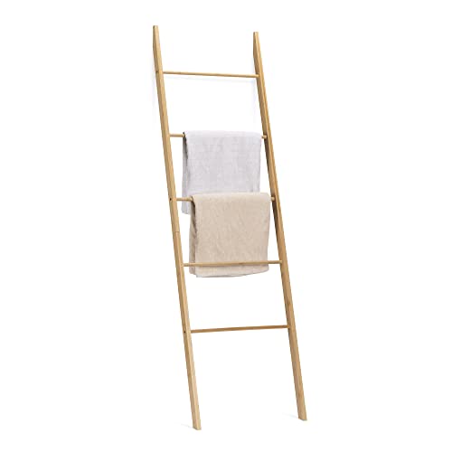 Navaris Bamboo Towel Ladder - Wood Rack for Towels, Clothes, Blankets - Wall Leaning Wooden Rack for Bathroom, Bedroom - 5-Tier Towel Holder Stand