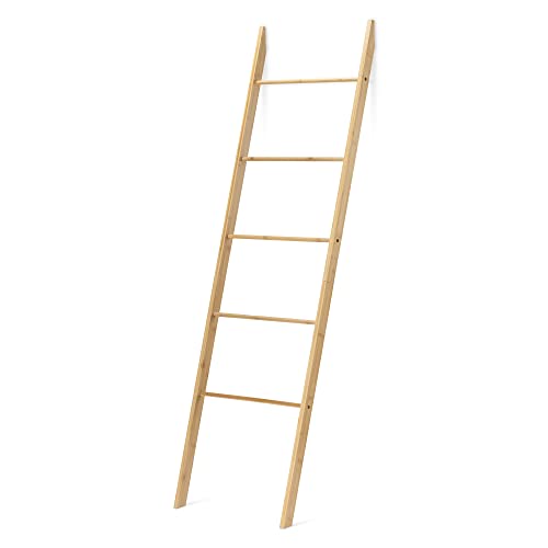 Navaris Bamboo Towel Ladder - Wood Rack for Towels, Clothes, Blankets - Wall Leaning Wooden Rack for Bathroom, Bedroom - 5-Tier Towel Holder Stand