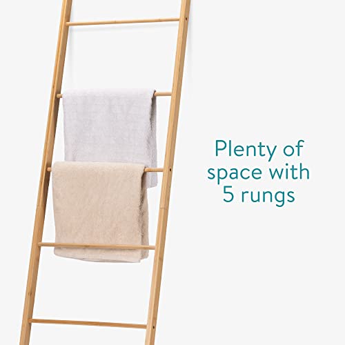 Navaris Bamboo Towel Ladder - Wood Rack for Towels, Clothes, Blankets - Wall Leaning Wooden Rack for Bathroom, Bedroom - 5-Tier Towel Holder Stand