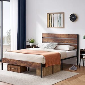 vecelo platform queen bed frame with rustic vintage wood headboard and footboard, mattress foundation, strong metal slats support, no box spring needed