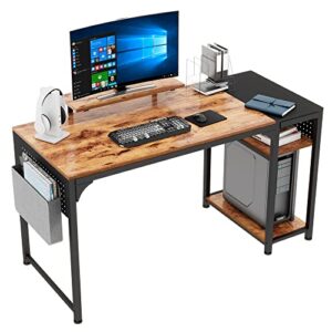 47 inch rustic brown home office computer desk with monitor stand storage shelves, work study writing pc gaming table large workstation sturdy black metal frame dual pegboard organizers & accessories