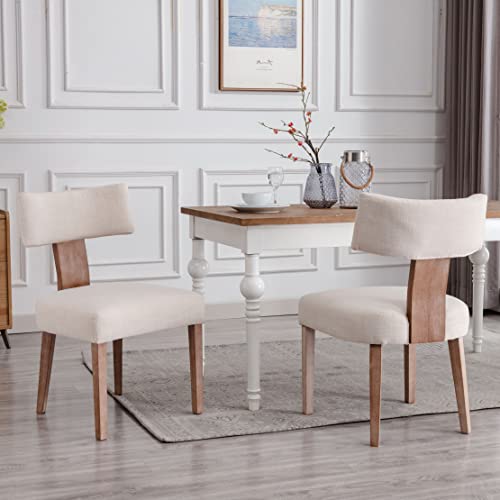 RIVOVA Farmhouse Dining Chairs Set of 2, Linen Upholstered Dining Room Chairs, Accent Parsons Chairs with Solid Wood Legs, Beige