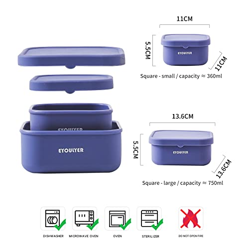 Eyoulyer Silicone Bento Box with Lid Food Storage Durable Bowl Mixing Serving Eating Non-Slip Easy Grip Indoor Outdoor Travel To-Go Food Containers Set2 Canister (BLUE-SQUARE)