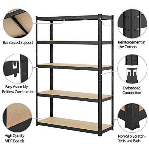 5-Tier Metal Shelving Unit Adjustable Garage Shed Storage Utility Rack Heavy Duty Shelves Multipurpose Shelf Warehouse Basement Kitchen Living Room Pantry 59" H x 28" W x 12" D, Black