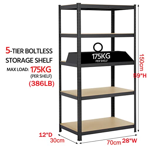 5-Tier Metal Shelving Unit Adjustable Garage Shed Storage Utility Rack Heavy Duty Shelves Multipurpose Shelf Warehouse Basement Kitchen Living Room Pantry 59" H x 28" W x 12" D, Black