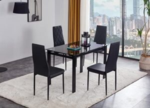 ianiya 5-piece tempered glass dining table set for kitchen room in transparent table and black chairs (2023 new black set 5)