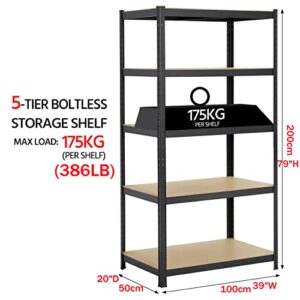 5-Tier Steel Storage Shelves, Heavy Duty Garage Shelf with Adjustable Shelves, Boltless Shelving Unit for Free Combination, Home Office Metal Utility Shelves, 79" H x 39" W x 20" D, Black