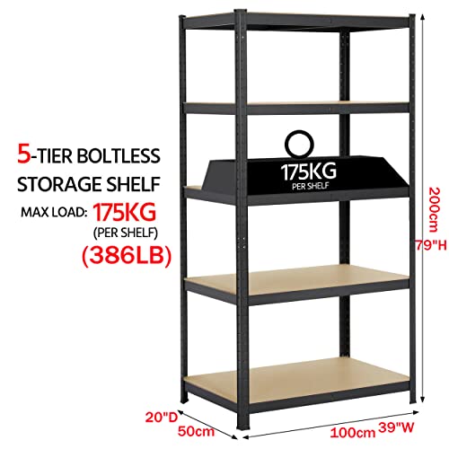 5-Tier Steel Storage Shelves, Heavy Duty Garage Shelf with Adjustable Shelves, Boltless Shelving Unit for Free Combination, Home Office Metal Utility Shelves, 79" H x 39" W x 20" D, Black