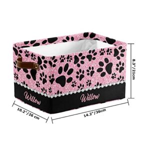 Dog Paw Pink Glitter Print Personalized Storage Bins Basket Cubic Organizer with Durable Handle for Shelves Wardrobe Nursery Toy 1 Pack