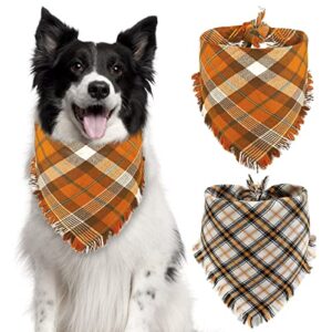 yujun 2 pack thanksgiving pet dog bandana fall autumn plaid double layer fabric reversible triangle bibs scarf pet accessories for thanksgiving fall small to medium pet costume supply(tassel style)