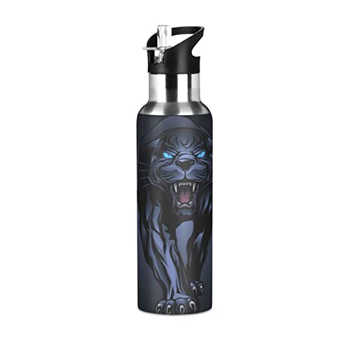 senya 20 Oz Water Bottle with Straw Roaring Black Panther Stainless Steel Water Bottle for Traveling Sports Leakproof Insulated Water Bottle