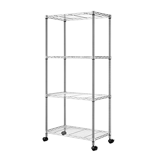 Chrome, 4 LAYER ADJUSTABLE METAL WIRE VERTICAL SHELF, heavy DIY shelf shelf, household kitchen, living room, bathroom, storage room, balcony, study, utility room, garage, with universal wheel shelf