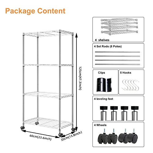 Chrome, 4 LAYER ADJUSTABLE METAL WIRE VERTICAL SHELF, heavy DIY shelf shelf, household kitchen, living room, bathroom, storage room, balcony, study, utility room, garage, with universal wheel shelf