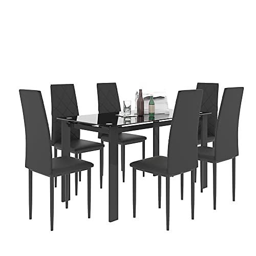 IANIYA 5-Piece Tempered Glass Dining Table Set for Kitchen Room in Transparent Table and Black Chairs (2023 New Black Set 7)