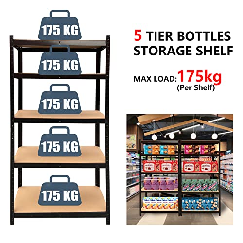 5 Tier Metal Shelves for Storage, Garage Shelving, Storage Shelves, Adjustable Heavy Duty Storage Rack, Kitchen Shelf, Garage Shelving for Shed, Workshop, Office, Warehouse, 175KG Capacity Per Shelf