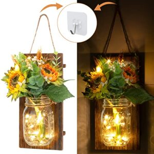 Adeeing Mason Jar Wall Decor, Rustic Wall Sconces with LED Lights Remote Control, Farmhouse Hanging Decorative Sconce Jars for Living Room, Hallway, Bedroom (Sunflowers Set of 2)