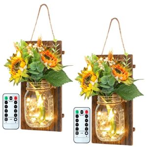 adeeing mason jar wall decor, rustic wall sconces with led lights remote control, farmhouse hanging decorative sconce jars for living room, hallway, bedroom (sunflowers set of 2)