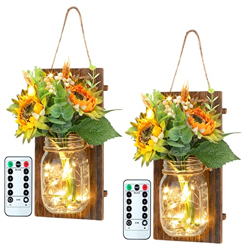 Adeeing Mason Jar Wall Decor, Rustic Wall Sconces with LED Lights Remote Control, Farmhouse Hanging Decorative Sconce Jars for Living Room, Hallway, Bedroom (Sunflowers Set of 2)