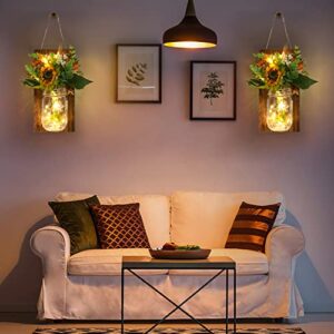 Adeeing Mason Jar Wall Decor, Rustic Wall Sconces with LED Lights Remote Control, Farmhouse Hanging Decorative Sconce Jars for Living Room, Hallway, Bedroom (Sunflowers Set of 2)