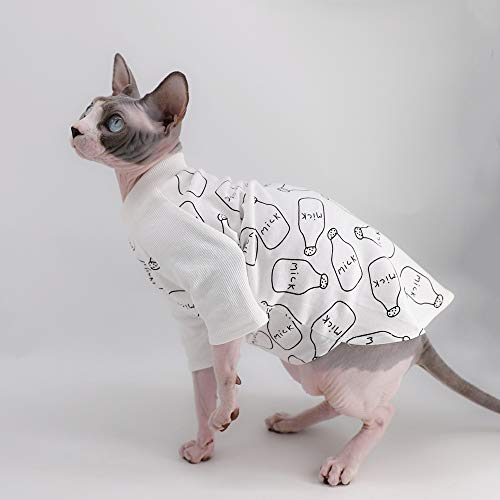 Sphynx Hairless Cat Cute Breathable Summer Cotton T-Shirts Milk Bottle Pattern Pet Clothes,Round Collar Vest Kitten Shirts Sleeveless, Cats & Small Dogs Apparel (XX-Large (Pack of 1), Milk-White)