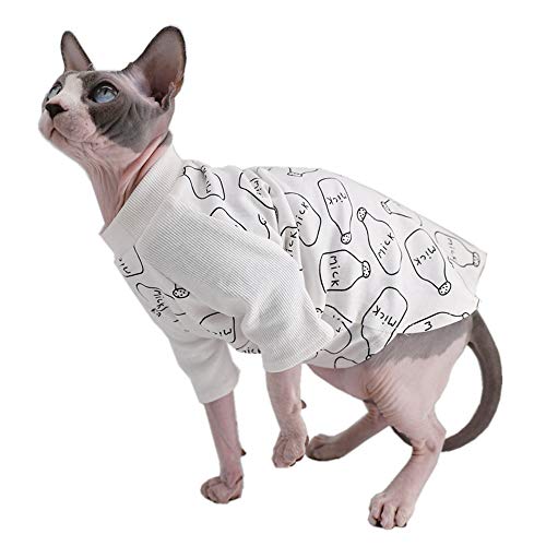 Sphynx Hairless Cat Cute Breathable Summer Cotton T-Shirts Milk Bottle Pattern Pet Clothes,Round Collar Vest Kitten Shirts Sleeveless, Cats & Small Dogs Apparel (XX-Large (Pack of 1), Milk-White)