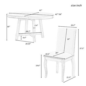 GLORHOME 5-Piece Farmhouse Set for 4 to 6 Round Extendable Table and 4 Upholstered Dining Chairs (Natural Wood Wash)