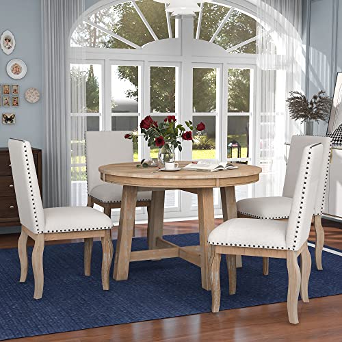 GLORHOME 5-Piece Farmhouse Set for 4 to 6 Round Extendable Table and 4 Upholstered Dining Chairs (Natural Wood Wash)