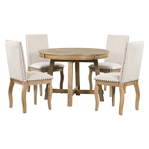 GLORHOME 5-Piece Farmhouse Set for 4 to 6 Round Extendable Table and 4 Upholstered Dining Chairs (Natural Wood Wash)