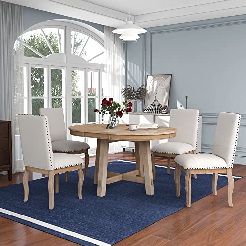 GLORHOME 5-Piece Farmhouse Set for 4 to 6 Round Extendable Table and 4 Upholstered Dining Chairs (Natural Wood Wash)