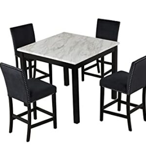 GLORHOME 4 5-Piece Counter Height Set with One Faux Marble Dining Table and Four Upholstered-Seat Chairs for Kitchen, Black