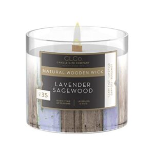clco. by candle-lite company scented candles, lavender sagewood fragrance, one 14 oz. single wooden wick aromatherapy candle with 90 hours of burn time, white color