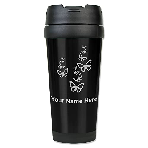 LaserGram 16oz Coffee Travel Mug, Butterflies, Personalized Engraving Included (Black)