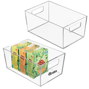mdesign small plastic kitchen storage container bin, handles for organization in pantry, cabinet, refrigerator, freezer - hold food, drink, snacks, prism collection, includes 2 bins, 32 labels, clear