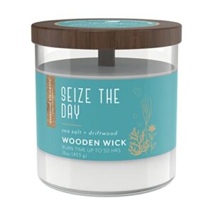 essential elements by candle-lite company wood wick scented candle, seize the day, one 16 oz. single-wick aromatherapy candle with 50 hours of burn time, white