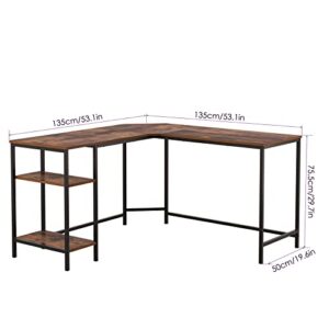 L Shaped Desk,Corner Computer Desk with 2 Removable Shelf,Sturdy Wood & Steel Home Office Table,Writing Desk,Larger Writing Workstation for Small Spaces, Black/Brown