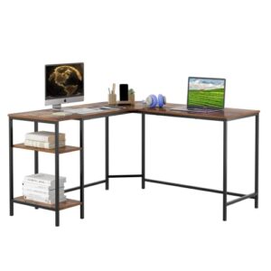 l shaped desk,corner computer desk with 2 removable shelf,sturdy wood & steel home office table,writing desk,larger writing workstation for small spaces, black/brown