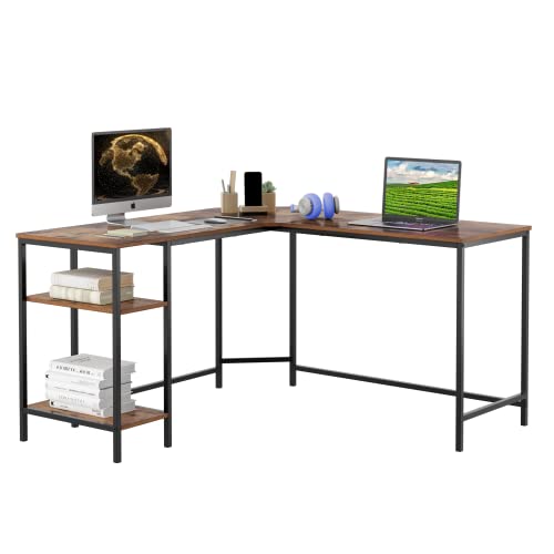 L Shaped Desk,Corner Computer Desk with 2 Removable Shelf,Sturdy Wood & Steel Home Office Table,Writing Desk,Larger Writing Workstation for Small Spaces, Black/Brown